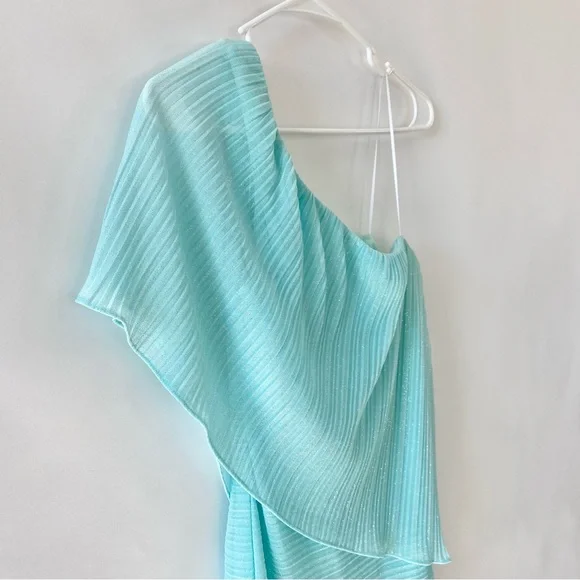 NWT Windsor Sparkly Glitter One Shoulder Sheer Flounce Bodycon Mini Dress Mint 2 - Picture 5 of 14